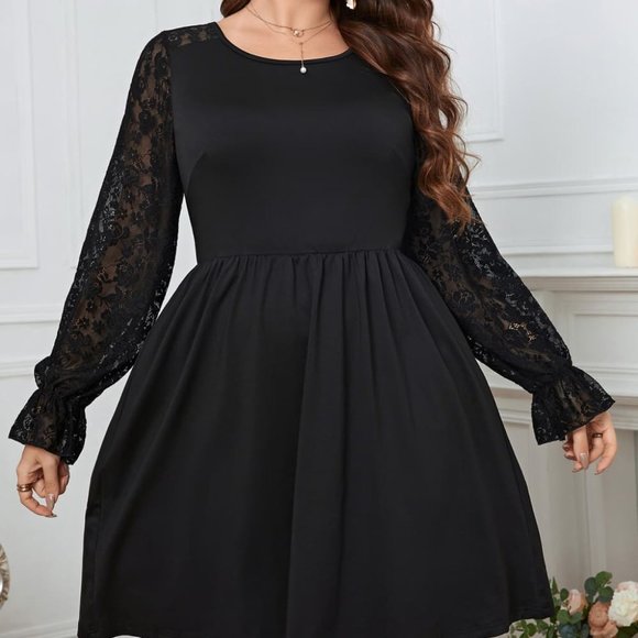 Melo Apparel Plus Size Lace Trim Round Neck Flounce Sleeve Dress - Picture 2 of 8